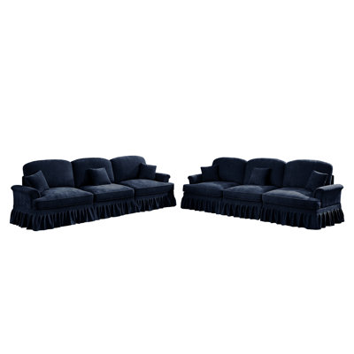 Classic Sleeper Sofa Couch With Flared Arms And Removable Ruffles Pleats Skirts And Spindle Legs, Comfy Modular Sectional Chenille Deep Seat Cloud Sofa Couch With 3 Movable Ottomans, Blue