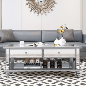 Sharpsburg 47'' Mirrored Coffee Table with 2 Drawers Storage, Glass Coffee Tables for Living Room