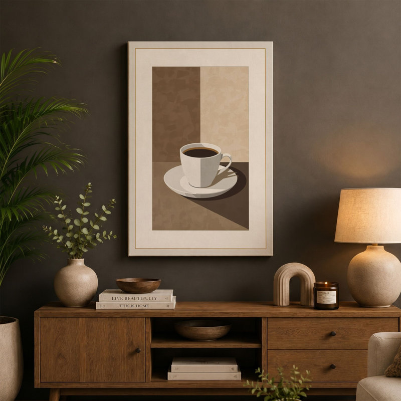 Cup and Shadow Minimalist - Wrapped Canvas, 36x24 - 91.4 x 61.0 cm, Terracotta Border