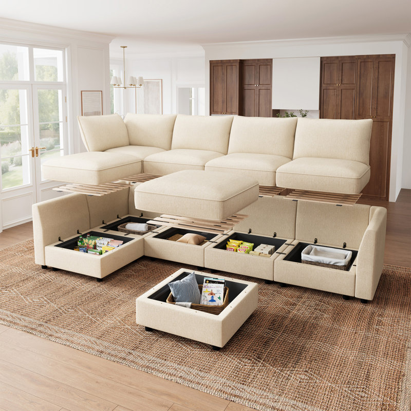 Canapé-lit modulaire en L Tremee, Polyester beige