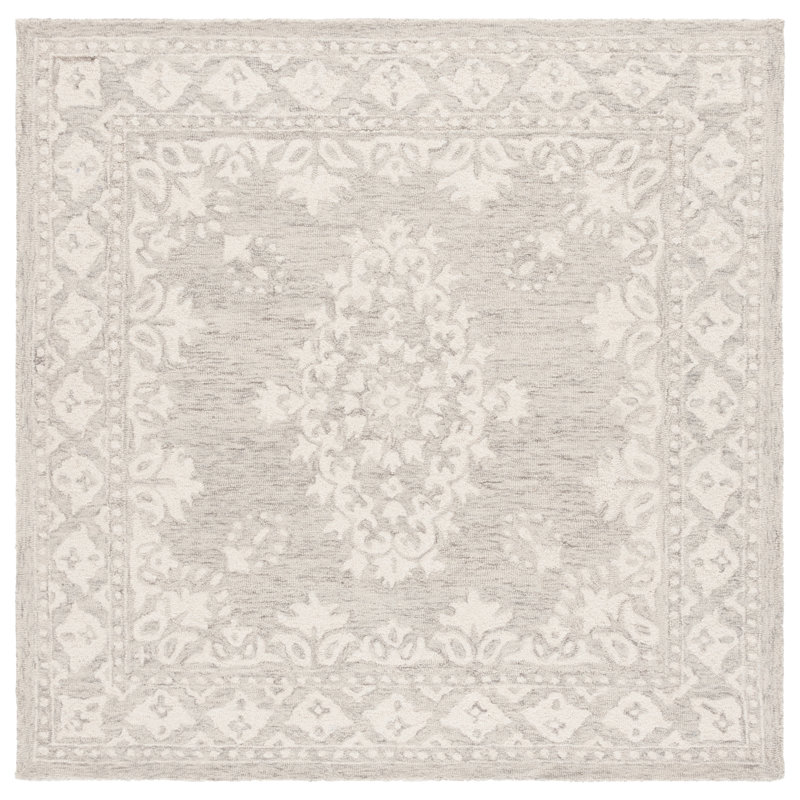 Demetirus Ebony Hand Tufted Wool/Cotton Oriental Rug in Gray/Ivory, Square 6'