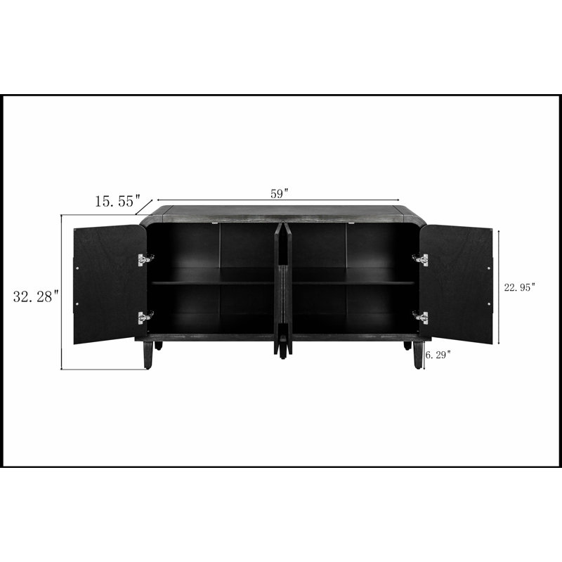 59'' Farmhouse Curved Vintage Storage  Sideboard with  Large Wooden Handles, Vertical Wood Grain Carving and Adjustable Shelves  for Kitchen,Dining Room
