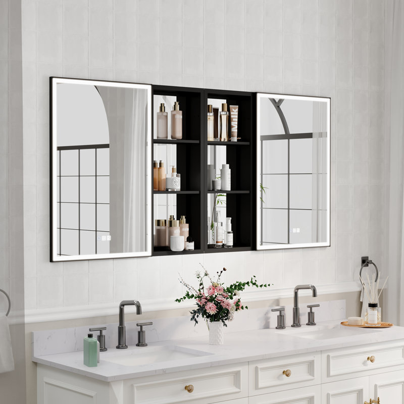 Armoire à miroir murale encastrée ou en surface 30 po H avec armoire latérale noire, H 30 po x l 64 po x P 4,63 po