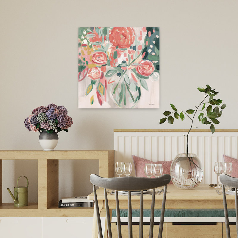 Art contemporain contemporain floral rose avec bouquets bleus, H 18 po x l 18 po