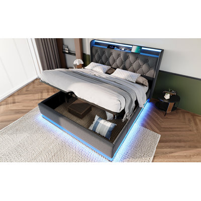 Upholstered bed, 360 surround LED function, Buttons/Apps/Remote Control, hydraulic storage bed with USB Type-C charging, Gray,Linen (Without mattress)