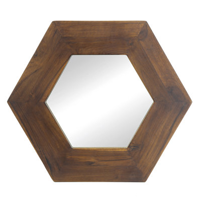 Lustre Mid-Century Modern Hexagon Mirror with Wood Frame and Light Reflecting Design