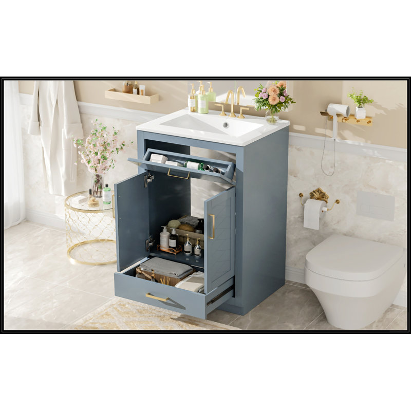 Meuble-lavabo de 24 pouces avec lavabo en céramique intégré, rangement spacieux et conception durable pour les petites et moyennes salles de bain