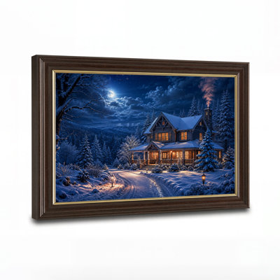 Tableau mural sur toile représentant un chalet enneigé avec de la fumée de cheminée et une décoration d'Halloween