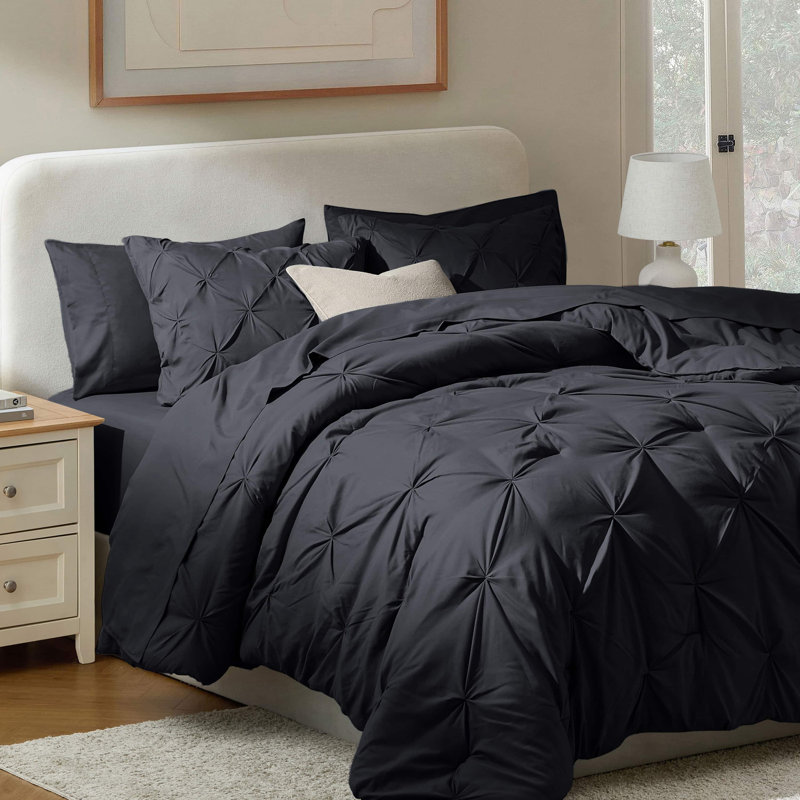 Bed-in-A-Bag Pleated Comforter Set with Bed Sheets, Black, King Comforter + 6 Additional Pieces