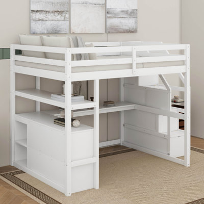 Lit mezzanine double avec bureau et tablettes