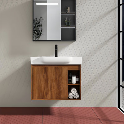 Armoire de salle de bain murale moderne avec lavabo en céramique blanche et porte à fermeture en douceur