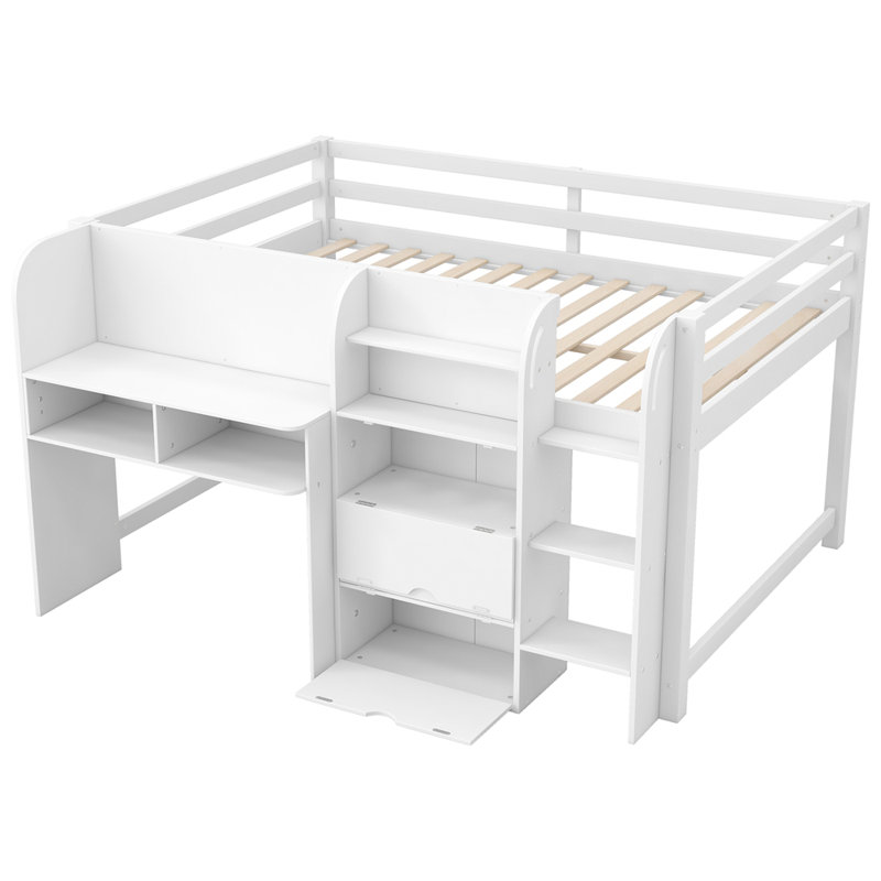 Lit mezzanine double pleine grandeur avec bureau intégré, armoires de rangement et bibliothèque ouverte, tableau blanc pour graffiti
