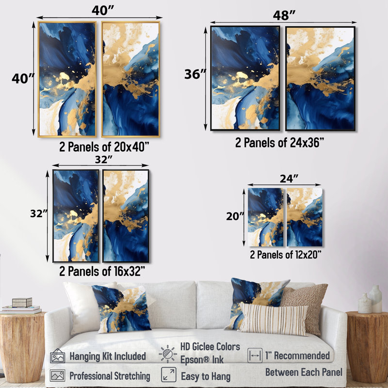 «Dark Blue And Gold Strokes» - art mural bleu à 2 panneaux, H 36 po x l 48 po, Impression encadrée flottante, Noir