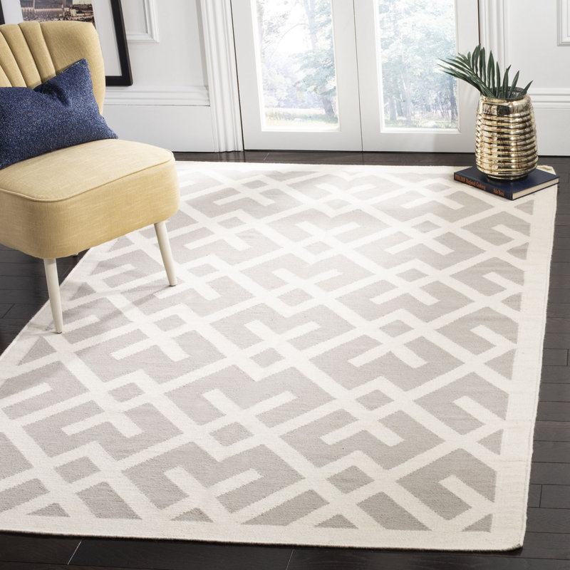 Tapis en laine / coton tissé à la main à plat Rodgers en ivoire / gris, Rectangle 5 pi x 8 pi