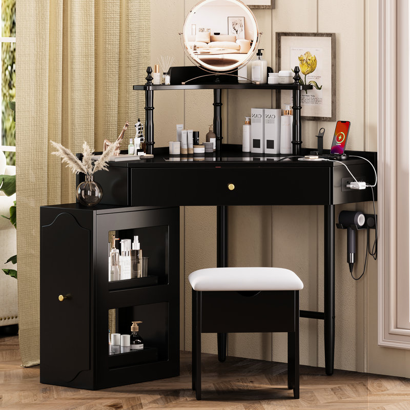 Corner Vanity Desk With Charging Station, Glass Tabletop, Removable Cabinet And Storage For Organized Beauty Makeup Routine Black Cushioned Stool, Tabletop Jewelry Drawer