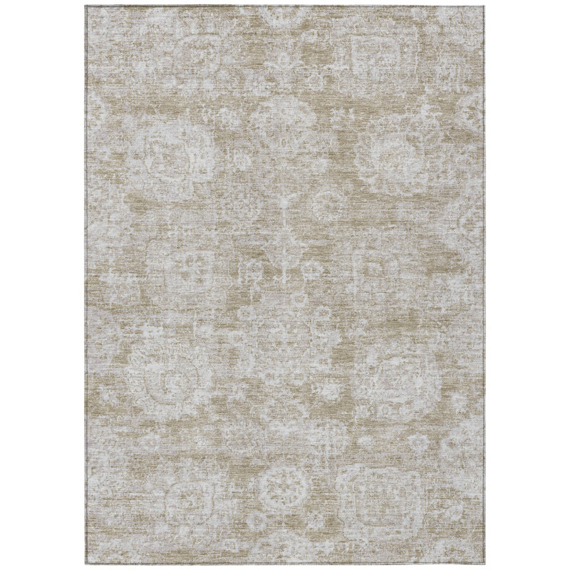 3' X 5' Beige Tan And Gray Floral Washable Indoor Outdoor Area Rug