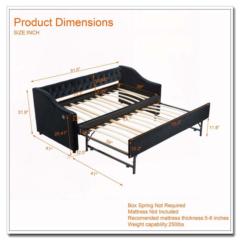 Upholstered Daybed with Trundle,USB Port ,Side Pockets,Velvet Daybed with Button on Back and Piping on Waved Shape Arms