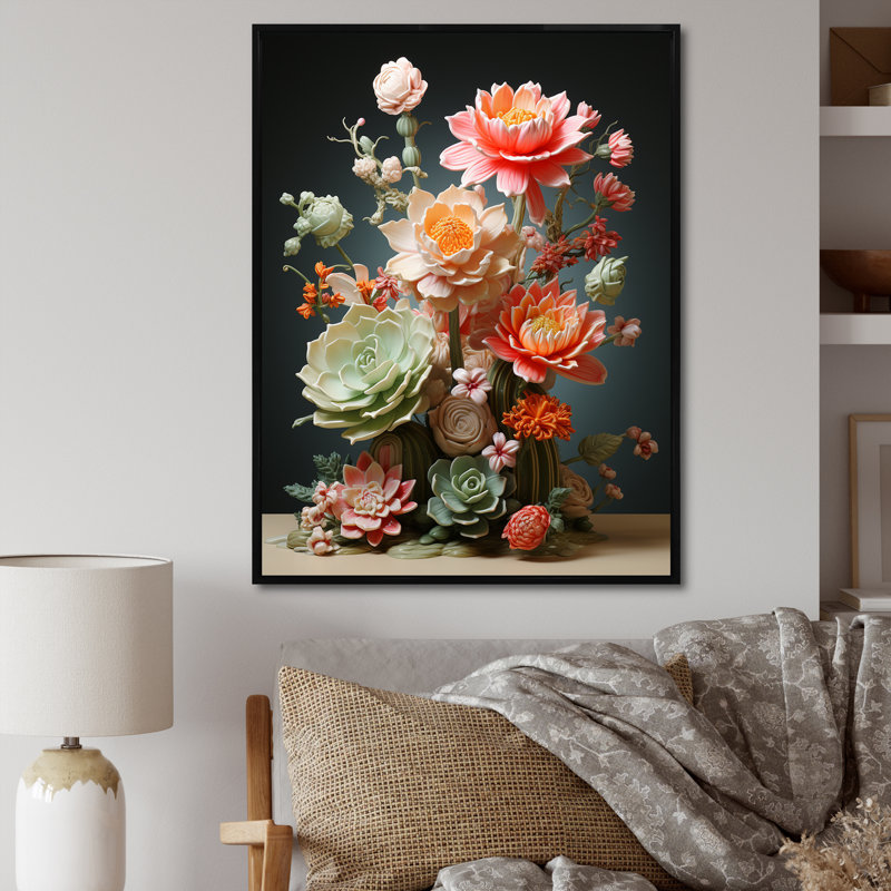 Oasis florale Bouquet IV - Fleurs, art mural, Cadre flottant noir, H 44 po x l 34 po x P 1,5 po