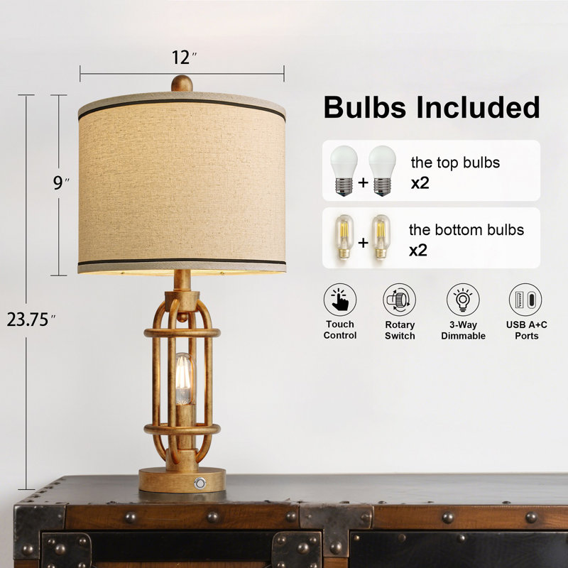 23.75" Industrial Style Touch Table Lamp With Usb Charging,for Living,office,hallway Including Bulb