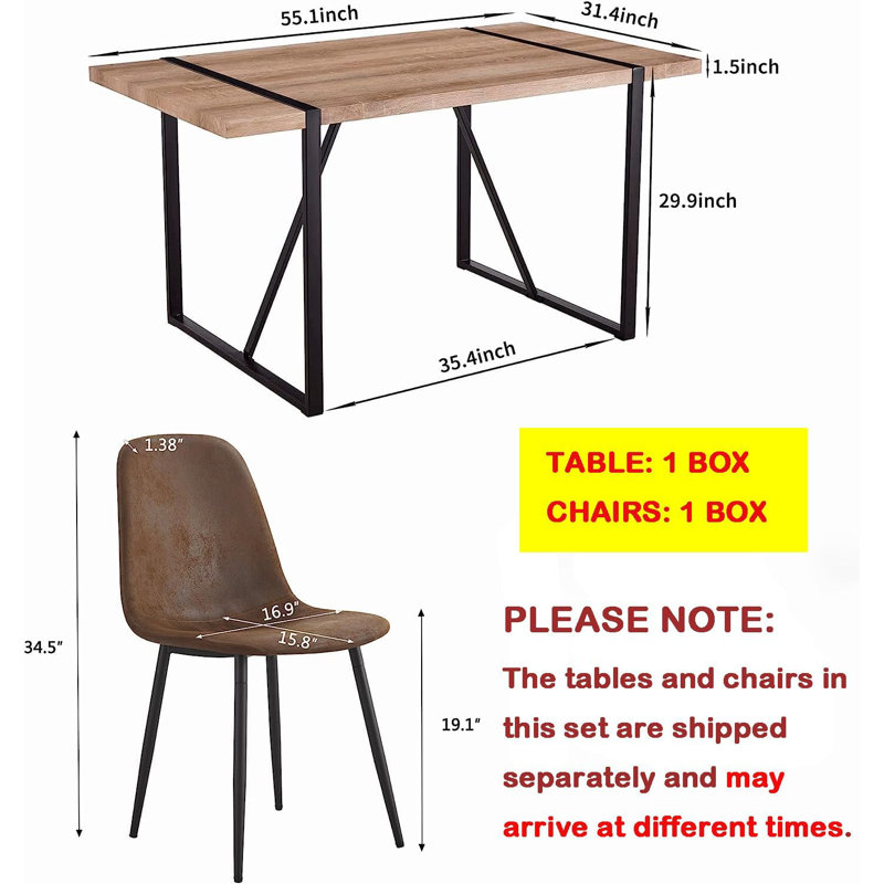 Modern 55'' Light Brown Wood Dining Table Set with Brown Fabric Chairs