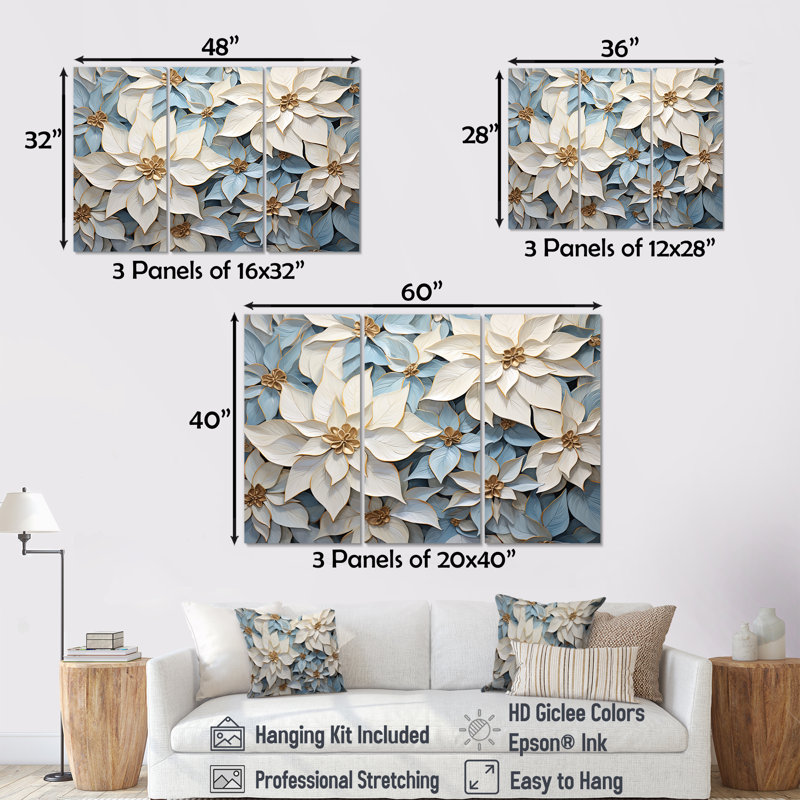 Ensemble de décoration murale poinsettias beige et bleu, Toile tendue, H 40 po x l 60 po x P 1 po