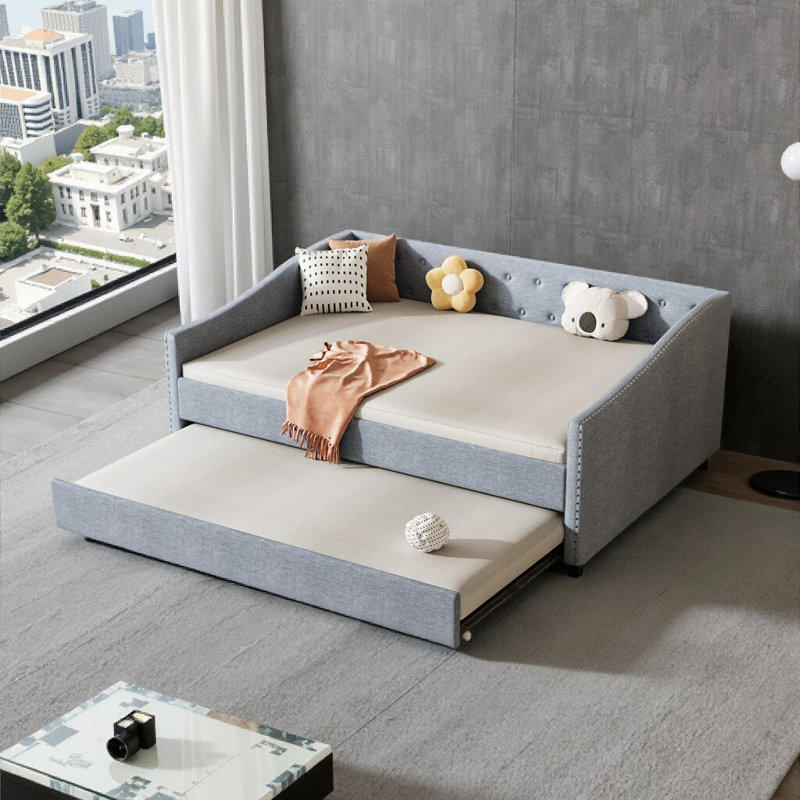 81" Upholstered Daybed with Trundle – Tufted Full Size Sofa Bed with Copper Nailhead Trim (500 lb Capacity), Light Gray