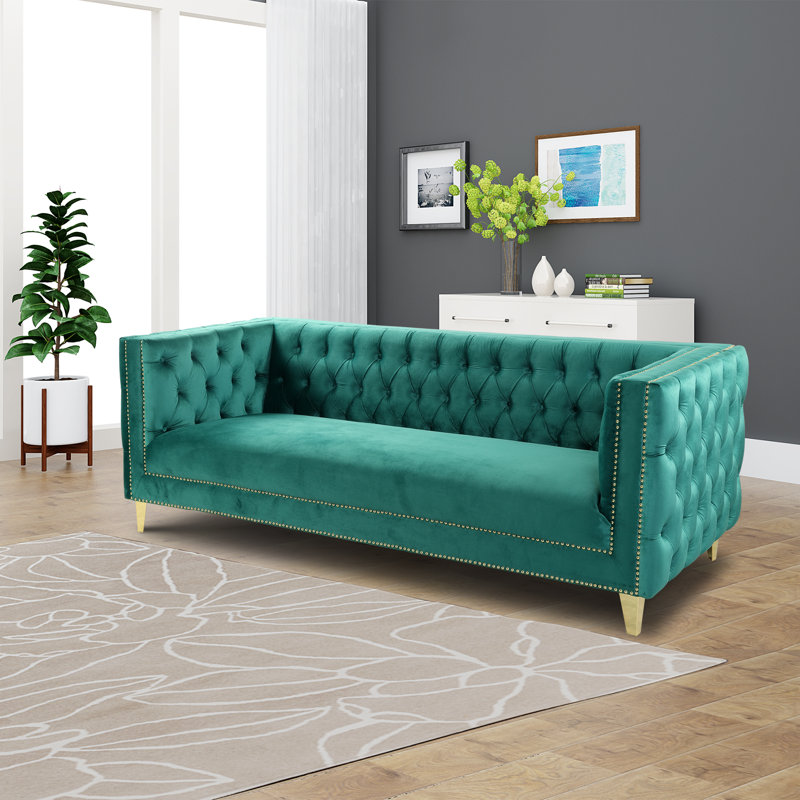 Canapé en velours de luxe Arnav, 86 po de largeur, fabrication solide, entièrement assemblé, Velours vert