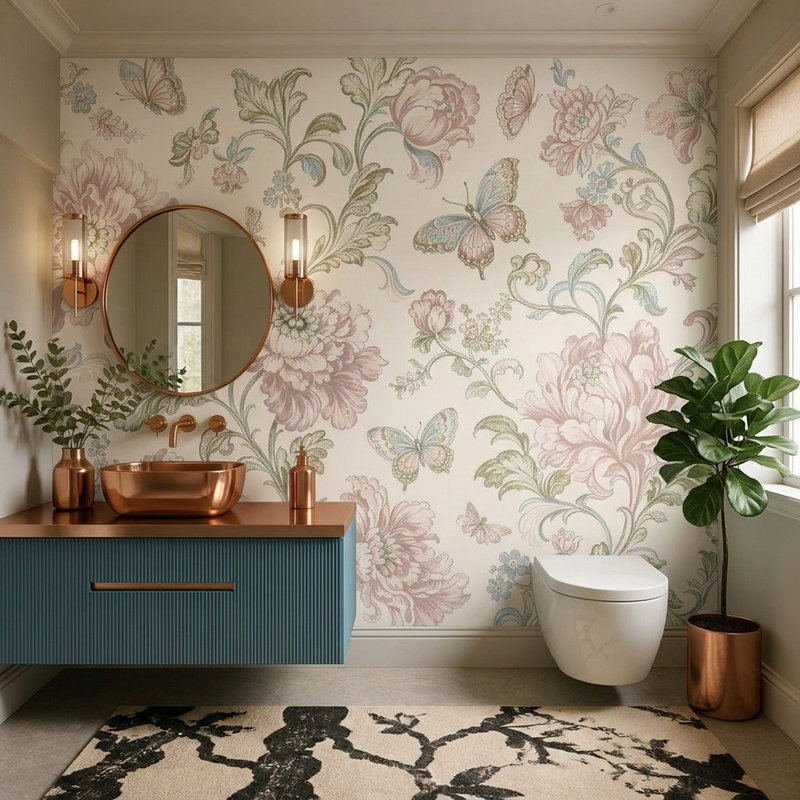Papier peint rétro avec papillons floraux, 120 po x 96 po, Peler et coller