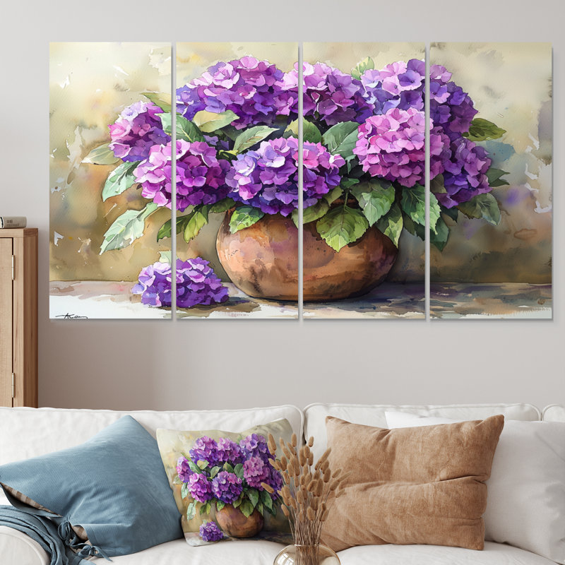 Hortensias dans un vase rustique - Art mural hortensia - Art mural traditionnel pour le salon, 4, H 28 po x l 48 po
