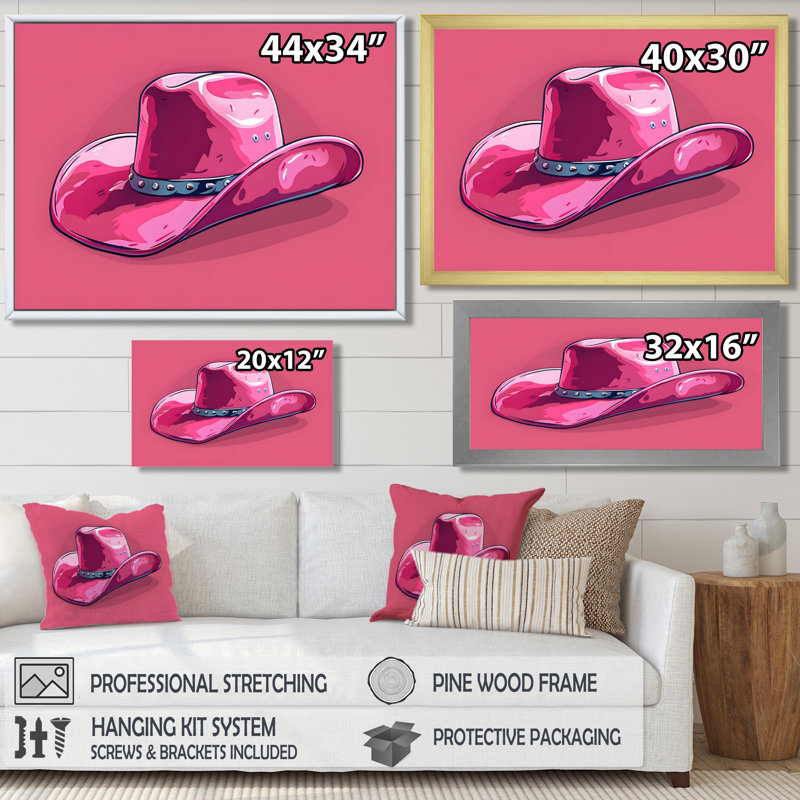 Décoration murale chapeau de cowboy rose, H 12 po x l 20 po x P 1 po, Toile encadrée noire simple