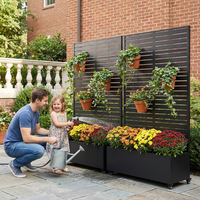 Outdoor Metal Planter Box Raised Garden Beds with Trellis, 73" H x 47" W x 16" D, Black
