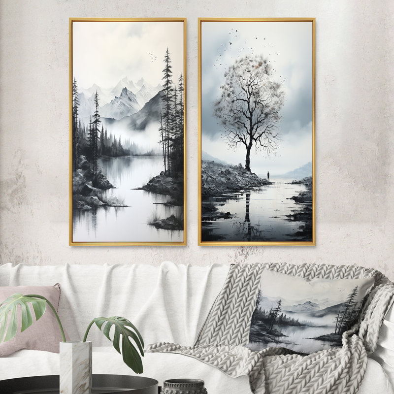 Arbre gris minimalisme solitude "Arbre gris minimalisme solitude" 2 pièces, Encadrement doré, H 32 po x l 32 po