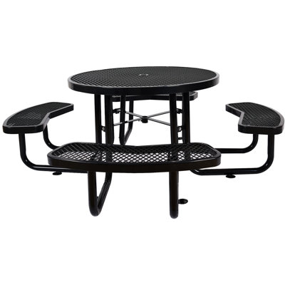 46" Round Steel Picnic Table With Umbrella Pole - Black, For Backyard Party And Picnics Black Heavy-duty Steel, Perfect Outdoor Fun Like Fishing