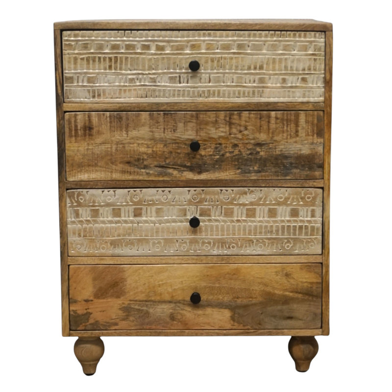 Commode rustique à 4 tiroirs sculptée à la main