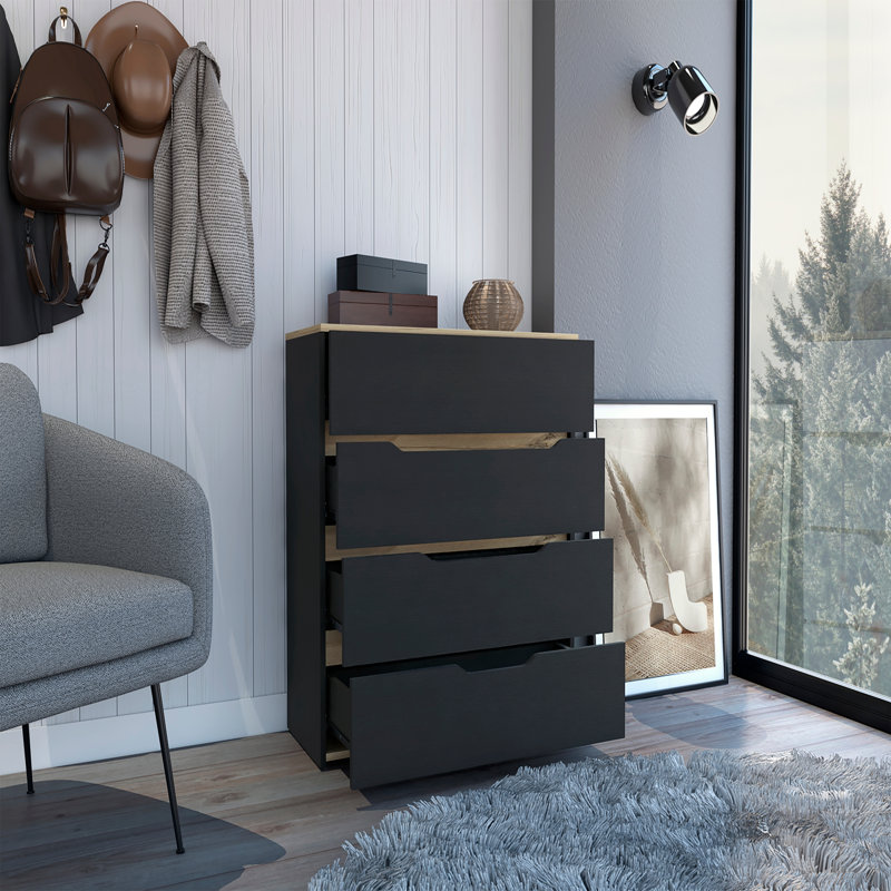 Commode hautbois, plateau supérieur, quatre tiroirs, Noir / chêne clair