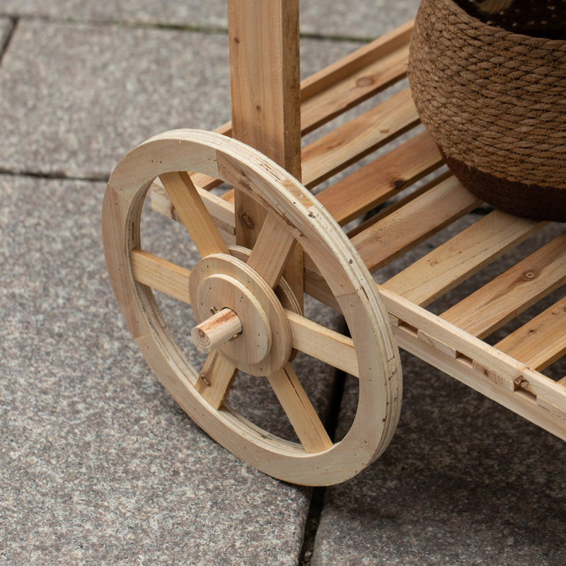 Présentoir à plante antique en bois massif avec présentoirs décoratifs en bois | Chariot à 2 roues en bois avec tablettes pour plantes et plus