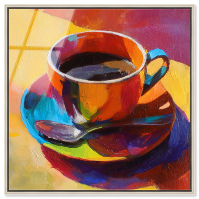 Décoration murale de cuisine à impression acrylique encadrée tasse colorée de café par Art Remedy, cadre argenté, 12 x 12