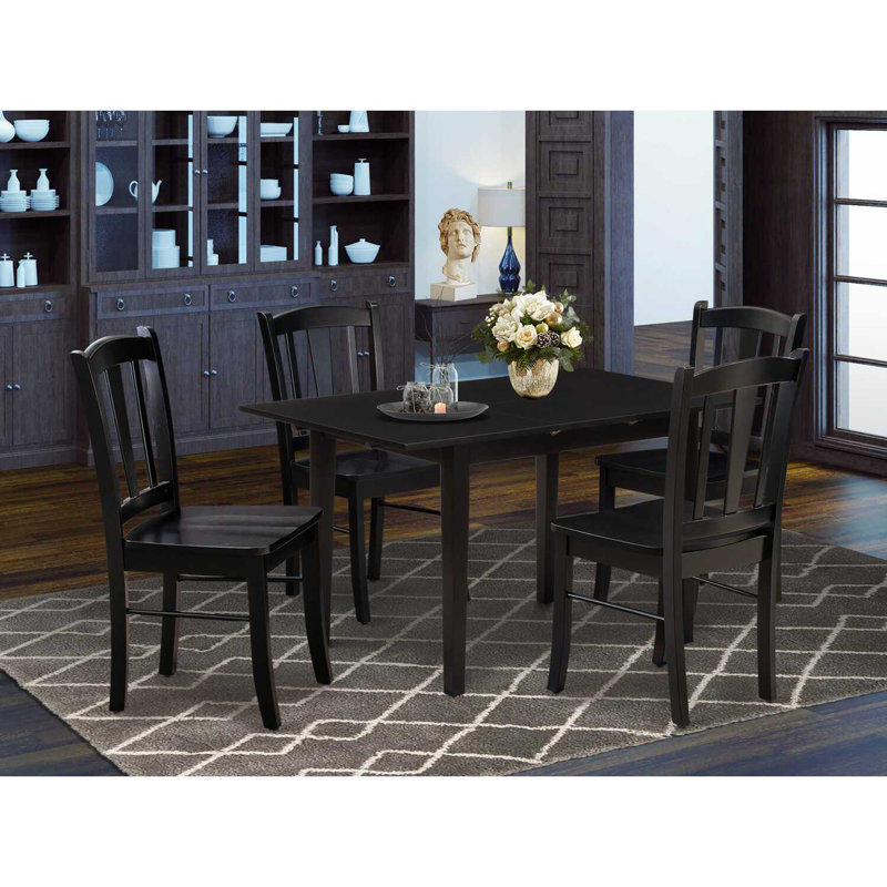 5 Piece Kitchen Table Set for 4 Includes a Rectangle Dining Table with Butterfly Leaf and 4 Dining Room Chairs, Black, Black