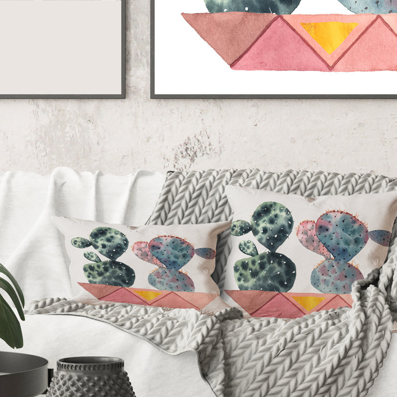 Carré, duo de cactus en pots géométriques roses - Coussin décoratif moderne, 18" x 18"