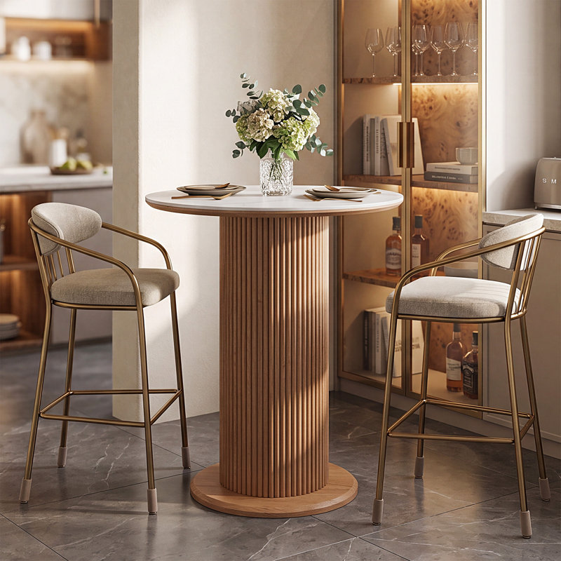 Table de salle à manger 31,5 po en pierre frittée ronde pour 2 à 4 personnes, table de cuisine avec base en bois massif cannelé pour le salon, la salle à manger, le bar maison, blanc et brun