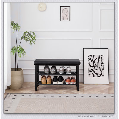 Banc de rangement à chaussures compact à 3 niveaux avec coussin de siège en polyuréthane, tablettes en filet pour l'organisation du vestibule et du couloir