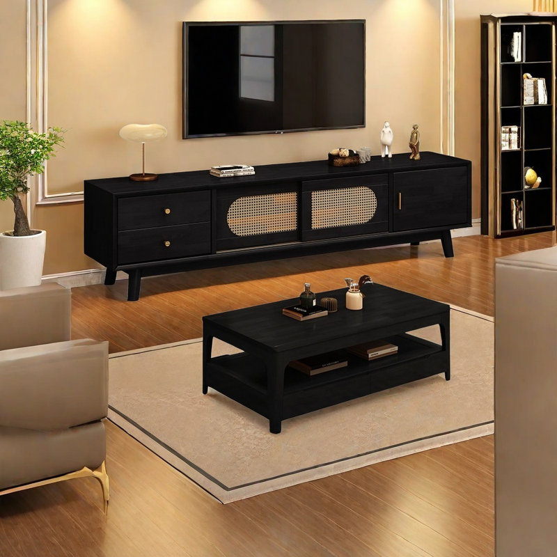 Table basse en bois massif avec meuble télé et grand casier