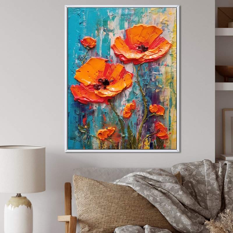 «Blossoming Red Poppes On Teal Sky I», reproduction sur toile, H 32 po x l 24 po x P 1 po, Cadre flottant blanc