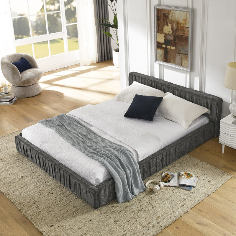 Structure de lit tapissier et tissu de velours, Gris foncé