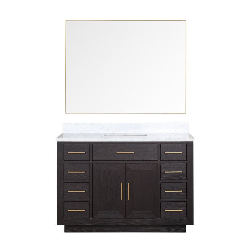 Ensemble de meuble-lavabo simple 48 "avec miroir, Chêne noir, Marbre de Carrare blanc