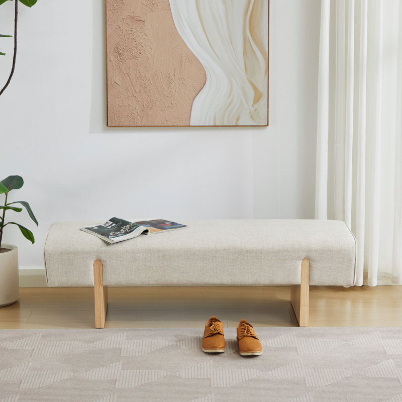 Chamille Upholstered Bench with Solid Wood Leg, Natural, Beige