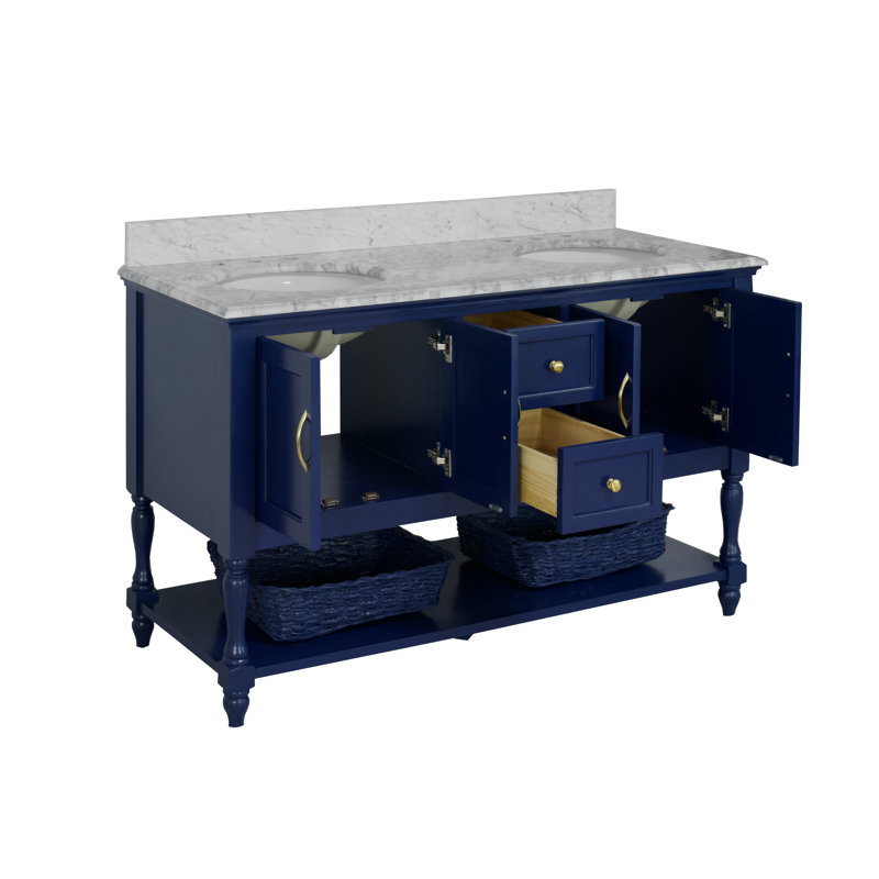 Hampton 60'' Double Bathroom Vanity with Top, Carrara Marble, Royal Blue