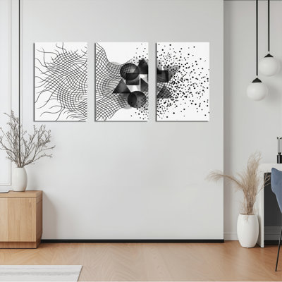 Motif géométrique abstrait et grille noire blanche sur toile tendue, reproduction d'art sur toile, ensemble de 3 pour salon moderne, chambre à coucher ou bureau
