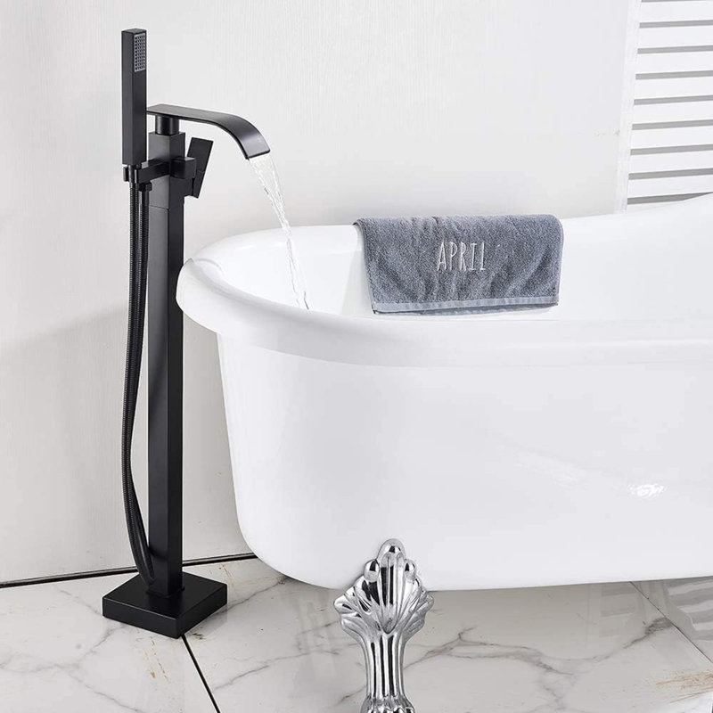 Floor Mounted Freestanding Bathtub Faucet Waterfall Tub Filler with Diverter, Mattle Black