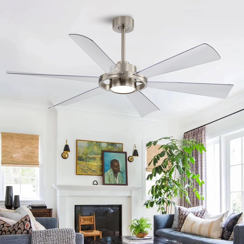 Ventilateur de plafond à 6 pales en plastique ABS avec moteur à courant continu réversible à 6 vitesses, transparent et nickel